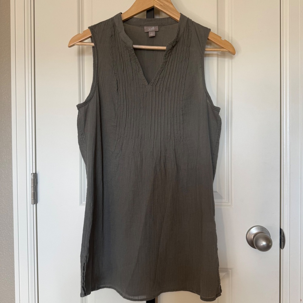 J. Jill Womens Sleeveless‎ Pintuck Cotton Gauze Tunic Top Olive Green Medium